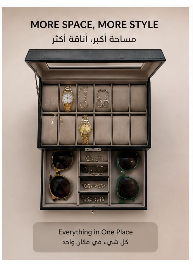 صندوق تخزين ساعات ومجوهرات جلدي متعدد الوظائف، 12 مقصورة قابل للقفل مع أدراج، حامل نظارات شمسية وخواتم وقلائد وأساور، هدية للرجال والنساء للتخزين المنزلي - Image 5