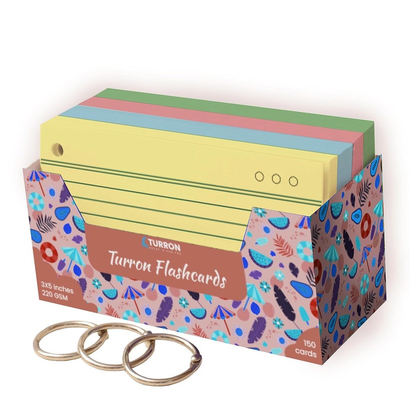 Turron Coloured Index Flash Cards Tray - 5 Colours - 3x5 inch - 150 Cards - 200 GSM Thick (Both Sides Ruled) - Image 1