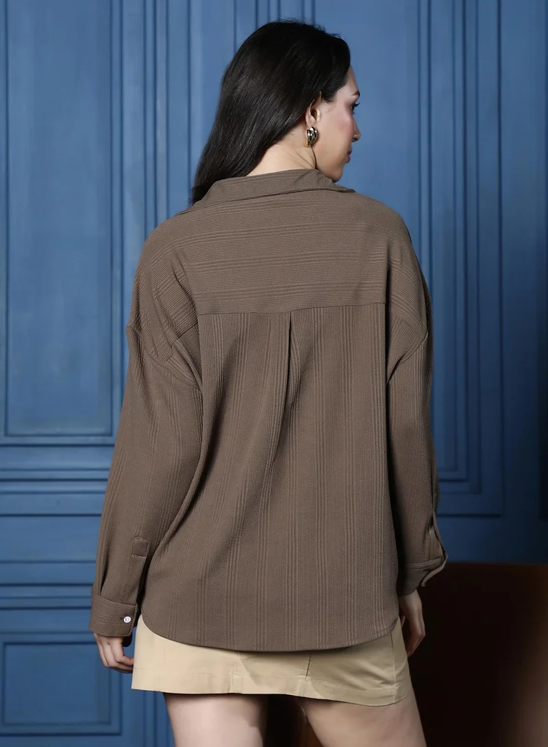 PINACOLADA  Women's Coffee Brown Striped-Tactile Oversized Shirt | نساء | أكمام طويلة | سادة | طوق منتشر | كاجوال كبير الحجم | قميص for Women | Best Price UAE