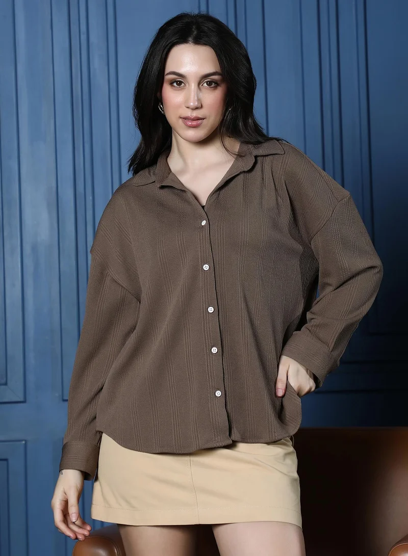PINACOLADA Women's Striped-Tactile Oversized Shirt | Spread Collar , Long Button-Cuff Sleeves, Button Closure | Solid Textured Woven Shirt For Casual & Daily Wear | Coffee Brown