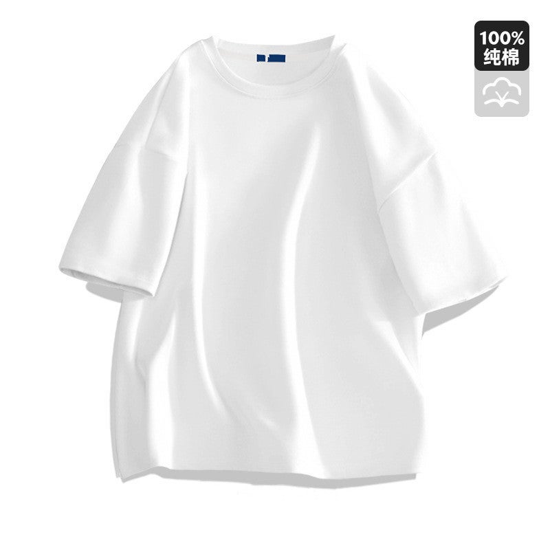 Short-sleeved t-shirt pure cotton 2025 summer new men's and women's couple clothing round neck solid color loose cool feeling pure white half-sleeved - Image 2