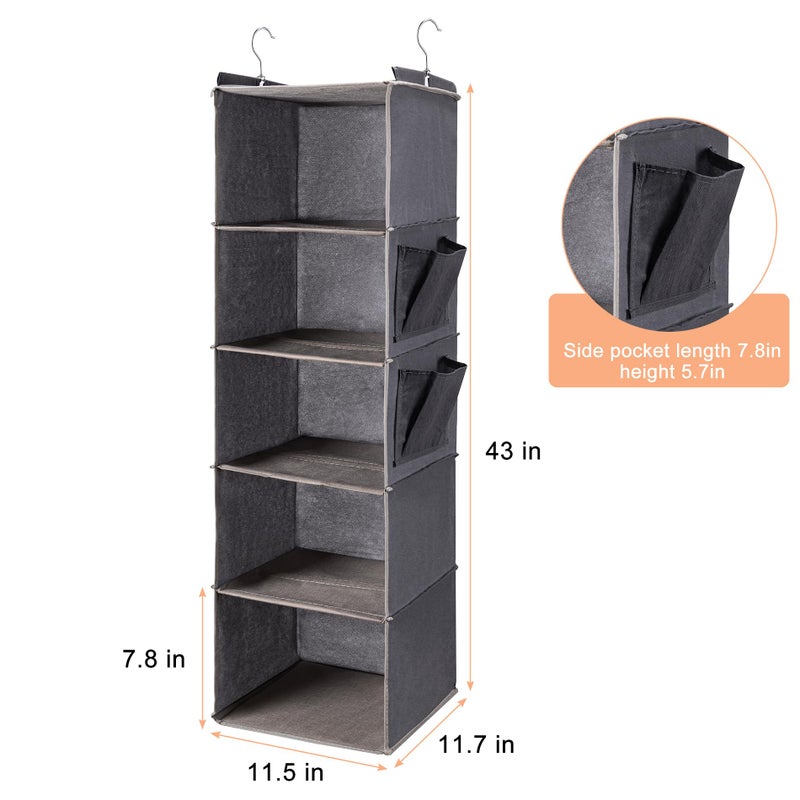 BOOMIBOO Hanging Closet Organize and Shelvesï¼Œ5-Hanging Shelf with 2 Side Pocketsï¼ŒStorage Foldable ï¼ˆGreyï¼‰ - Image 2