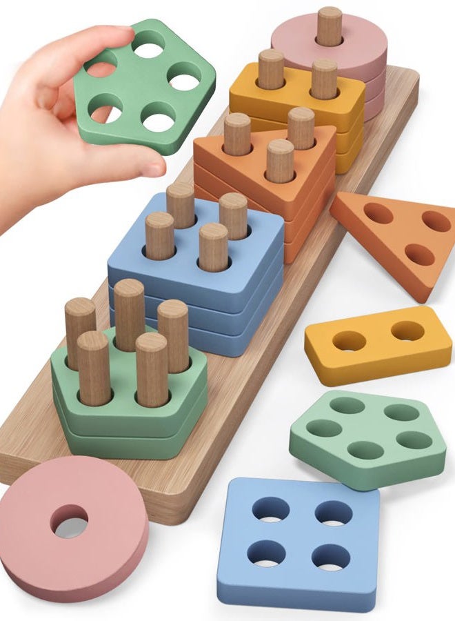 PEBIRA Montessori Toys for 1 2 Year Old, Wooden Sorting and Stacking Toys for Toddlers, Baby Shape Sorter and Color Stacker Blocks for Toddler, Preschool Learning Toy, Gift for 12-18 Month Boys Girls - Image 1