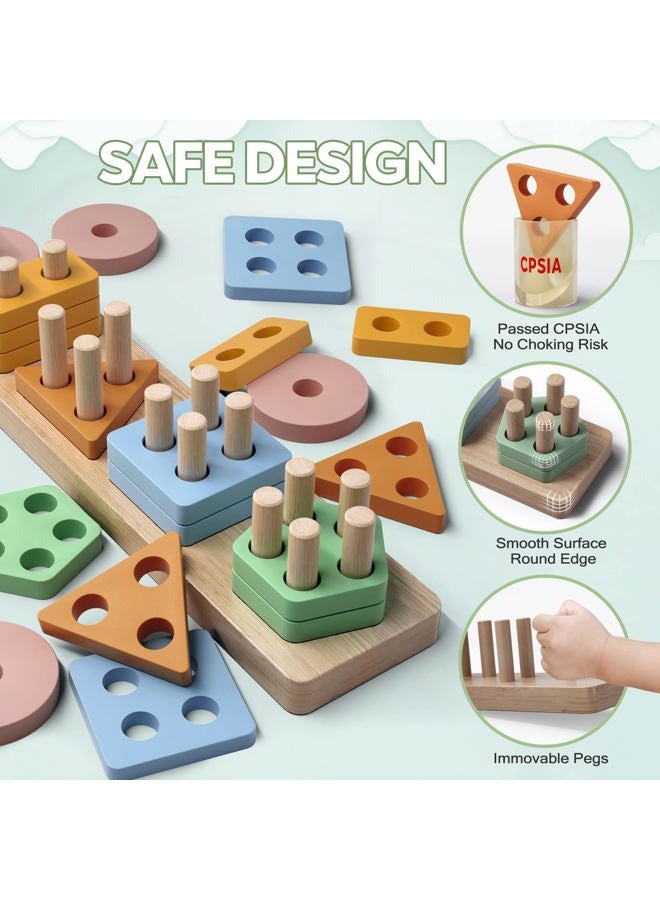 PEBIRA Montessori Toys for 1 2 Year Old, Wooden Sorting and Stacking Toys for Toddlers, Baby Shape Sorter and Color Stacker Blocks for Toddler, Preschool Learning Toy, Gift for 12-18 Month Boys Girls - Image 2