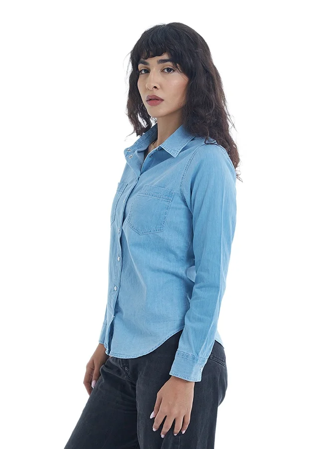 اشاراي قميص جينز نسائي بأزرار وأكمام طويلة