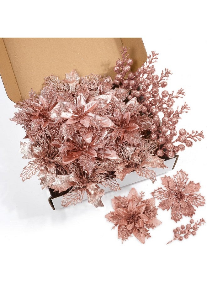 Sawowkuya 22 Pcs Rose Gold Christmas Poinsettia Artificial Flowers And Glitter Berries Stems Kit, Christmas Poinsettias Decorations And Christmas Tree Ornaments For Xmas Home Wedding Holiday Tree Decor  - Image 1