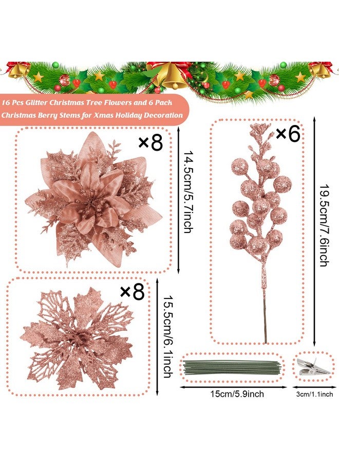 Sawowkuya 22 Pcs Rose Gold Christmas Poinsettia Artificial Flowers And Glitter Berries Stems Kit, Christmas Poinsettias Decorations And Christmas Tree Ornaments For Xmas Home Wedding Holiday Tree Decor  - Image 2
