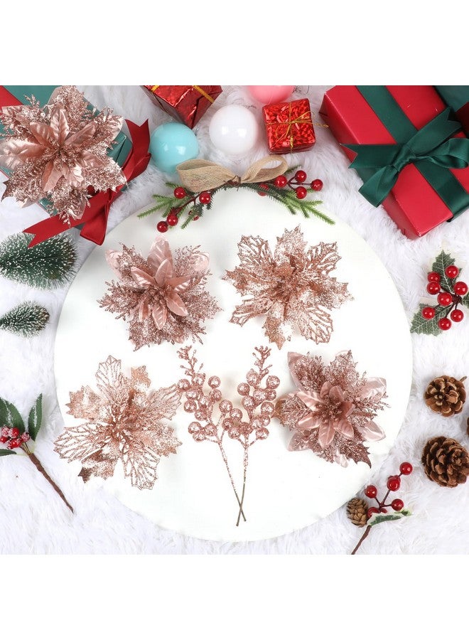 Sawowkuya 22 Pcs Rose Gold Christmas Poinsettia Artificial Flowers And Glitter Berries Stems Kit, Christmas Poinsettias Decorations And Christmas Tree Ornaments For Xmas Home Wedding Holiday Tree Decor  - Image 4