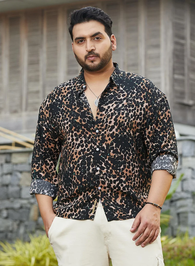 Instafab Plus Instafab Plus Men's Yellow Ochre & Onyx Black Cheetah Imprint Shirt For Casual Wear | Spread Collar | Long Cuffed Sleeves | Button Closure | Plus Size Shirt Crafted With Comfort Fit For Everyday Wear