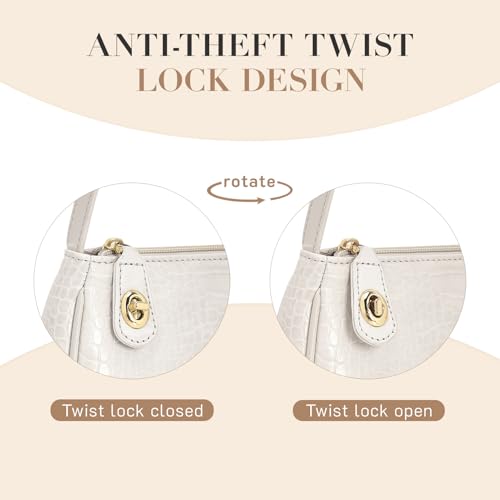 Missnine Shoulder Bag for Women, Anti-theft Small Purse Crocodile Pattern Clutch Purses, Cute Mini Leather Hobo Handbag with turnlock closure, Beige - Image 3