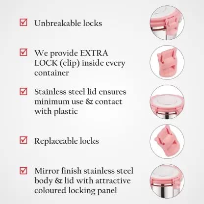 LIPSA ENTERPRISE LIPSA ENTERPRISE Leak Proof Click and Seal Lock Stainless Steel StorageAir Tight Tiffin ContainerLunch Container with Steel lid 500ml  - Image 3