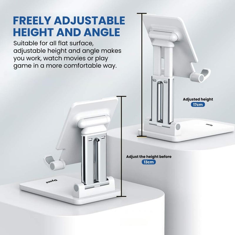 Dyazo Adjustable Mobile Phone Stand | Multiple Height & Angle Adjustable Desk Holder | Portable, Foldable and Durable Base | Compatible with All 4″–10″ Smartphones & Tablets – White - Image 2