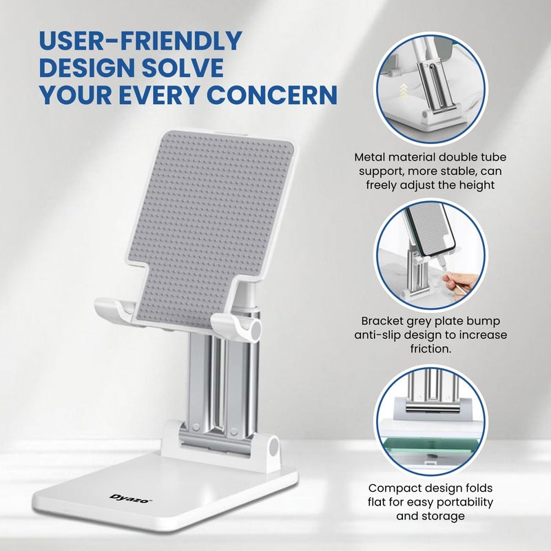 Dyazo Adjustable Mobile Phone Stand | Multiple Height & Angle Adjustable Desk Holder | Portable, Foldable and Durable Base | Compatible with All 4″–10″ Smartphones & Tablets – White - Image 3