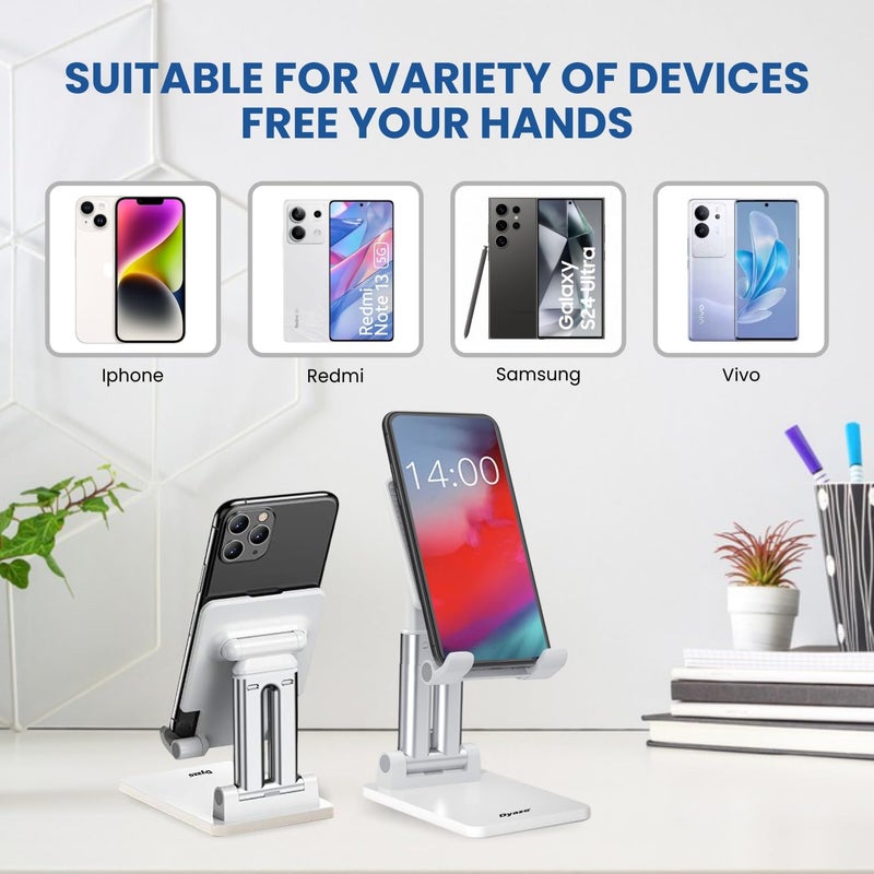 Dyazo Adjustable Mobile Phone Stand | Multiple Height & Angle Adjustable Desk Holder | Portable, Foldable and Durable Base | Compatible with All 4″–10″ Smartphones & Tablets – White - Image 5