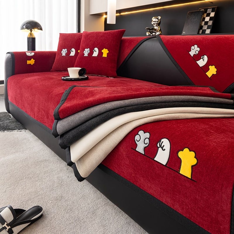 1pc Khaki Chenille Cat Embroidery Sofa Slipcover Couch Cover Pet Dog Friendly Non Slip Furniture Protector For Bedroom Office Living Room Home Decor - Image 1