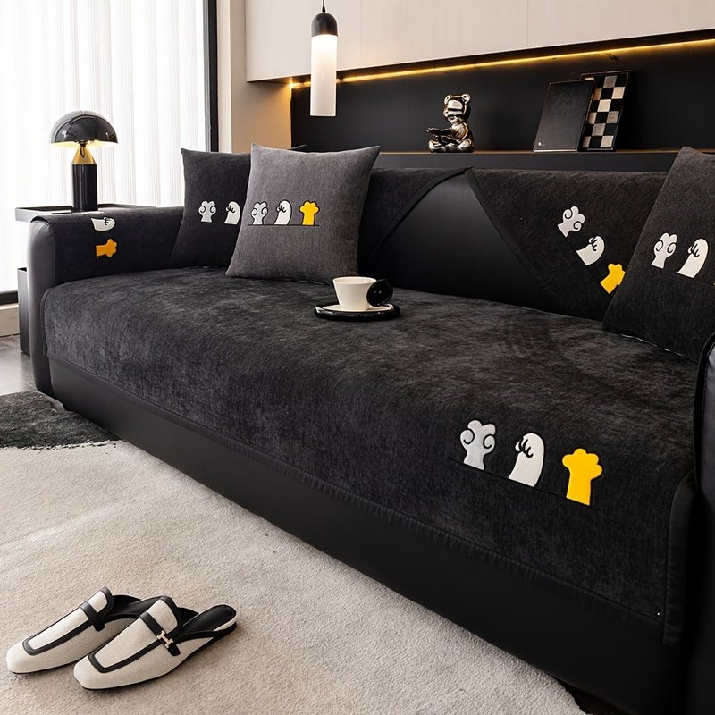 1pc Khaki Chenille Cat Embroidery Sofa Slipcover Couch Cover Pet Dog Friendly Non Slip Furniture Protector For Bedroom Office Living Room Home Decor - Image 5