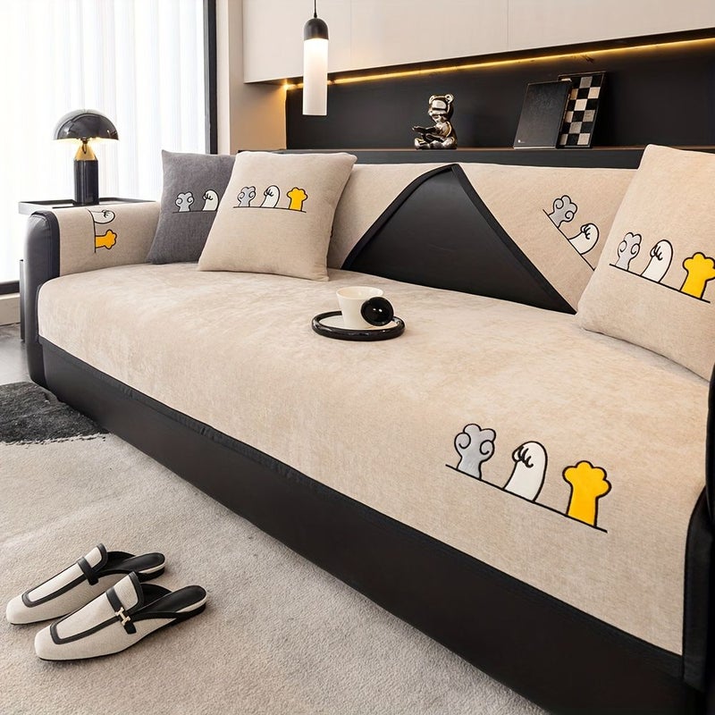 1pc Khaki Chenille Cat Embroidery Sofa Slipcover Couch Cover Pet Dog Friendly Non Slip Furniture Protector For Bedroom Office Living Room Home Decor - Image 3