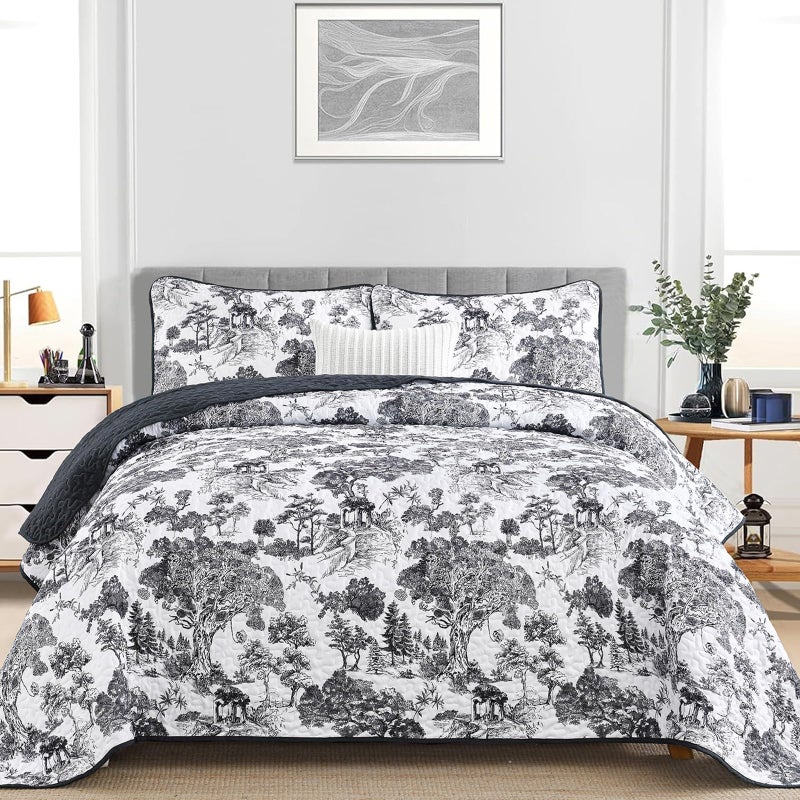 WONGS BEDDING Botanical Quilt Set King Size, Black 3 Pieces Toile Floral Plants Printed Bedspread Bedding Set Soft Lightweight Microfiber Coverlet Set for All Season (104"x90") - Image 2