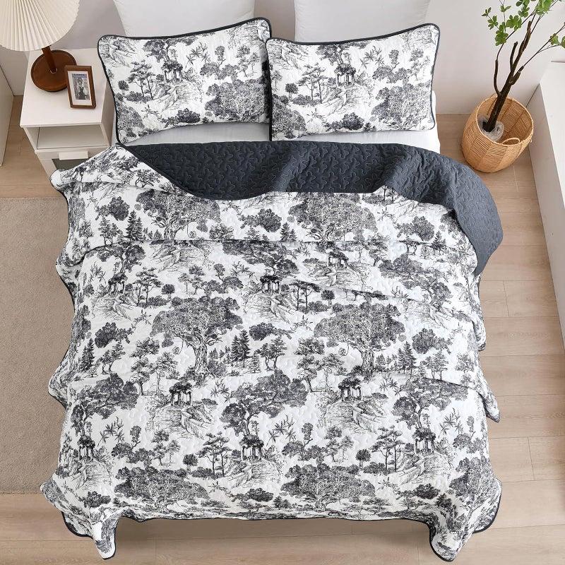WONGS BEDDING Botanical Quilt Set King Size, Black 3 Pieces Toile Floral Plants Printed Bedspread Bedding Set Soft Lightweight Microfiber Coverlet Set for All Season (104"x90") - Image 5