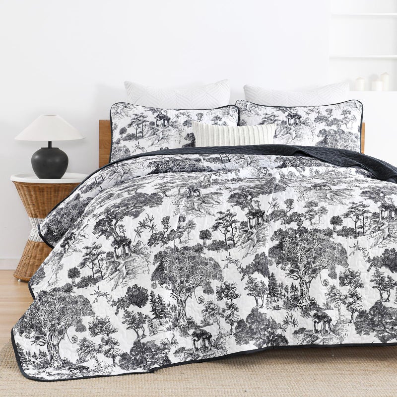 WONGS BEDDING Botanical Quilt Set King Size, Black 3 Pieces Toile Floral Plants Printed Bedspread Bedding Set Soft Lightweight Microfiber Coverlet Set for All Season (104"x90") - Image 4