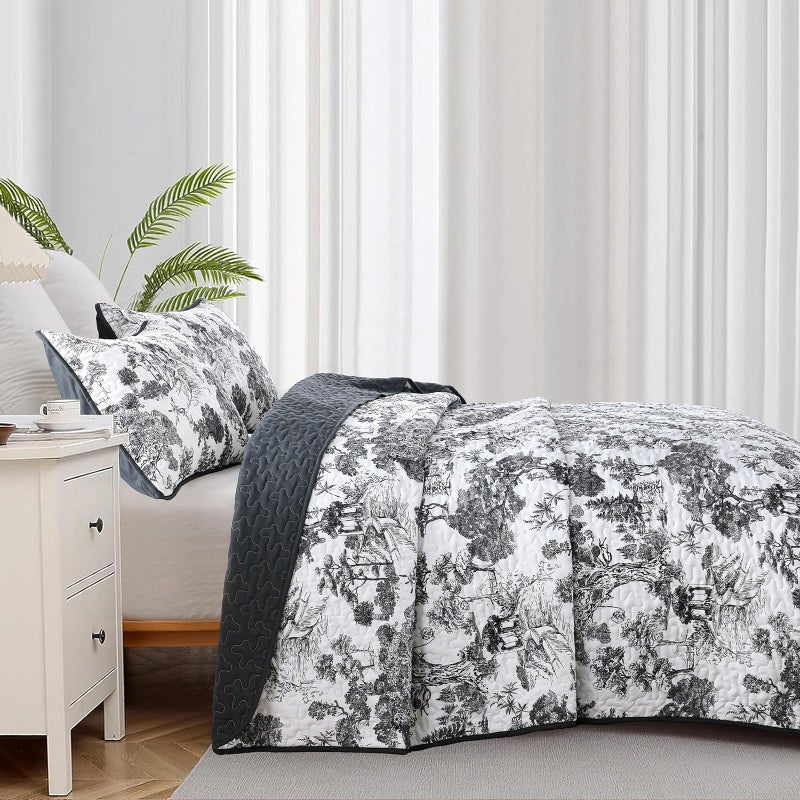 WONGS BEDDING Botanical Quilt Set King Size, Black 3 Pieces Toile Floral Plants Printed Bedspread Bedding Set Soft Lightweight Microfiber Coverlet Set for All Season (104"x90") - Image 3