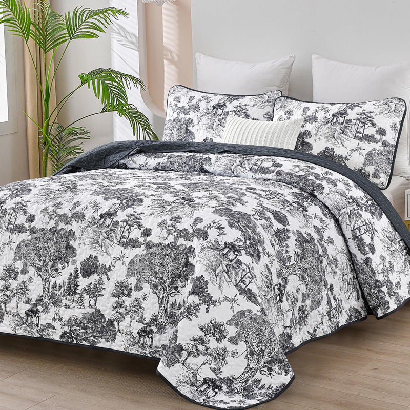 WONGS BEDDING Botanical Quilt Set King Size, Black 3 Pieces Toile Floral Plants Printed Bedspread Bedding Set Soft Lightweight Microfiber Coverlet Set for All Season (104"x90") - Image 1