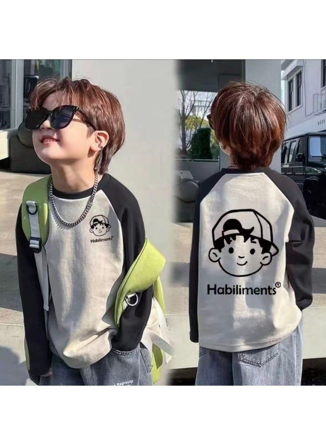 Cotton Boys' Raglan Sleeve Long Sleeve Tspring & Fall New Style Medium And Large Children's Splicing Contrasting Color Round Neck Bottoming Shirt