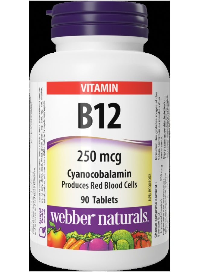 Webber naturals Vitamin B12 Cyanoc 250Mcg Supports Energy, Mood And Red Blood Cells 90 Tablets 