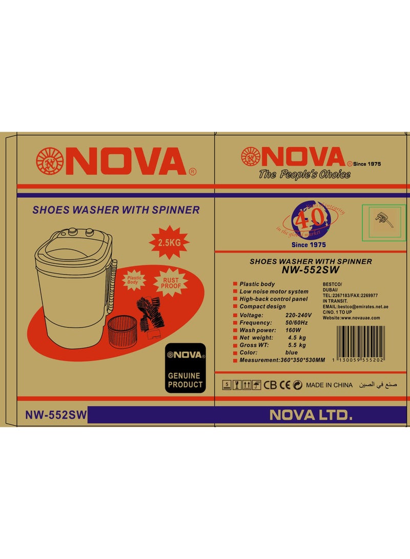 NOVA Portable Shoes Washer with Spinner NW-552SW 2.5KG Mini Washing Machine for Shoes Sneakers Sports Footwear Plastic Body 160W Powerful Motor Energy Efficient Compact Space Saving Design Blue - Image 4