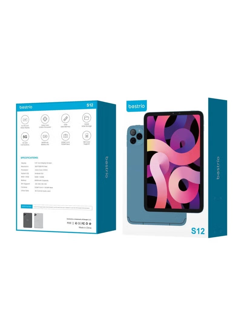 BESTRIO S12 12-Inch Tablet – 12GB RAM, 512GB ROM, 5G Wi-Fi & SIM Support, High-Performance Portable Tablet for Work, Study, Gaming & Multimedia, Sleek Powerful Design for Home, Office & Travel with Fast Connectivity