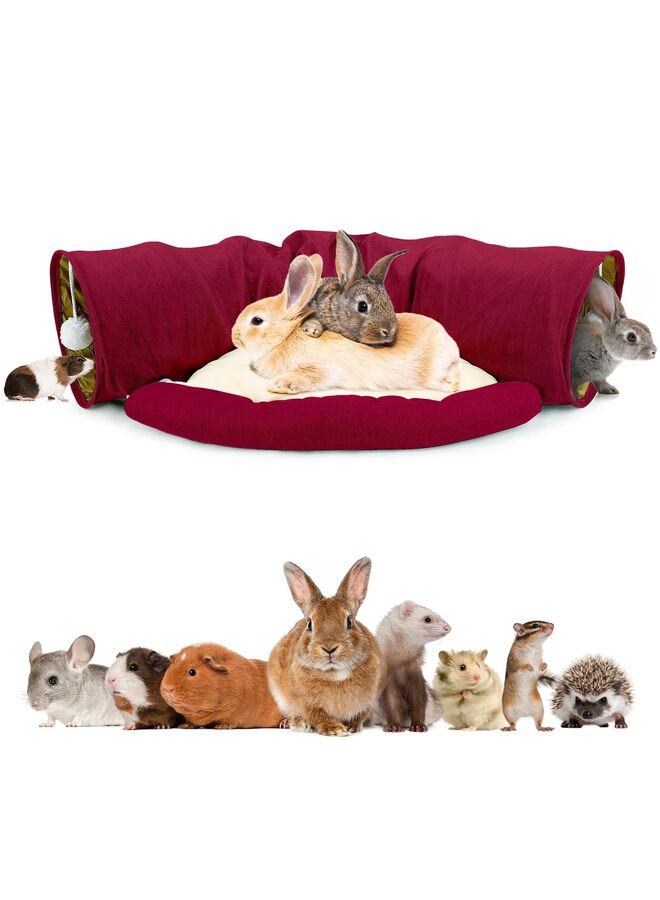 Bunny Tunnel Bed, 2-in-1 Collapsible Tunnel Tubes Toys with Removable Mat Hideout for Cats Kittens Rabbits Kitty (Red) - Image 1