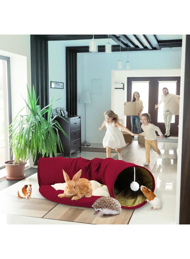 Bunny Tunnel Bed, 2-in-1 Collapsible Tunnel Tubes Toys with Removable Mat Hideout for Cats Kittens Rabbits Kitty (Red) - Image 5