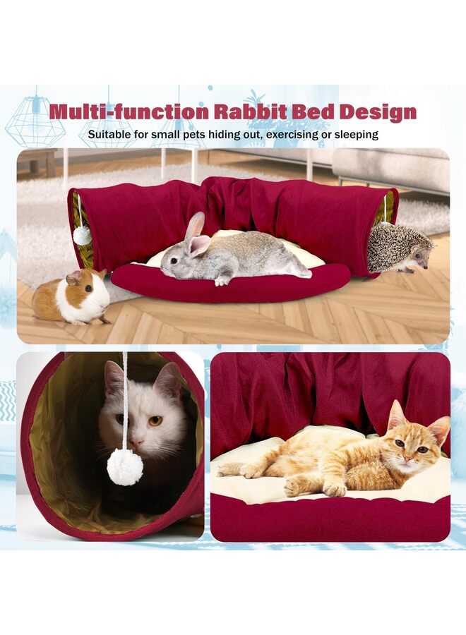 Bunny Tunnel Bed, 2-in-1 Collapsible Tunnel Tubes Toys with Removable Mat Hideout for Cats Kittens Rabbits Kitty (Red) - Image 3