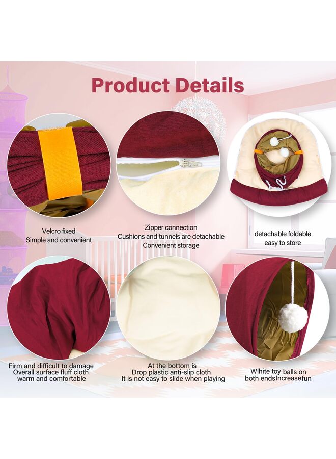 Bunny Tunnel Bed, 2-in-1 Collapsible Tunnel Tubes Toys with Removable Mat Hideout for Cats Kittens Rabbits Kitty (Red) - Image 2