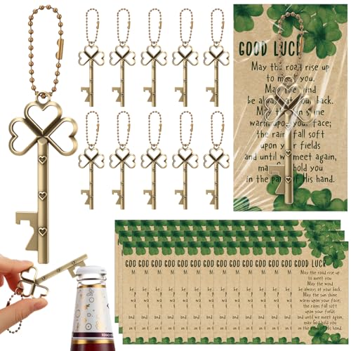 Vesici 30 Set St Patricks Day Bulk Shamrock Skeleton Key Beer Bottle Opener with Good Luck Clover Cards Vintage Irish Party Favors Appreciation Gift for Employee Coworker Family - Image 1