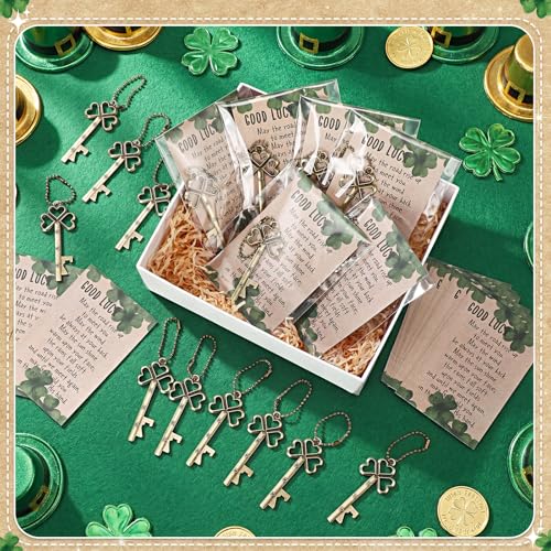 Vesici 30 Set St Patricks Day Bulk Shamrock Skeleton Key Beer Bottle Opener with Good Luck Clover Cards Vintage Irish Party Favors Appreciation Gift for Employee Coworker Family - Image 4