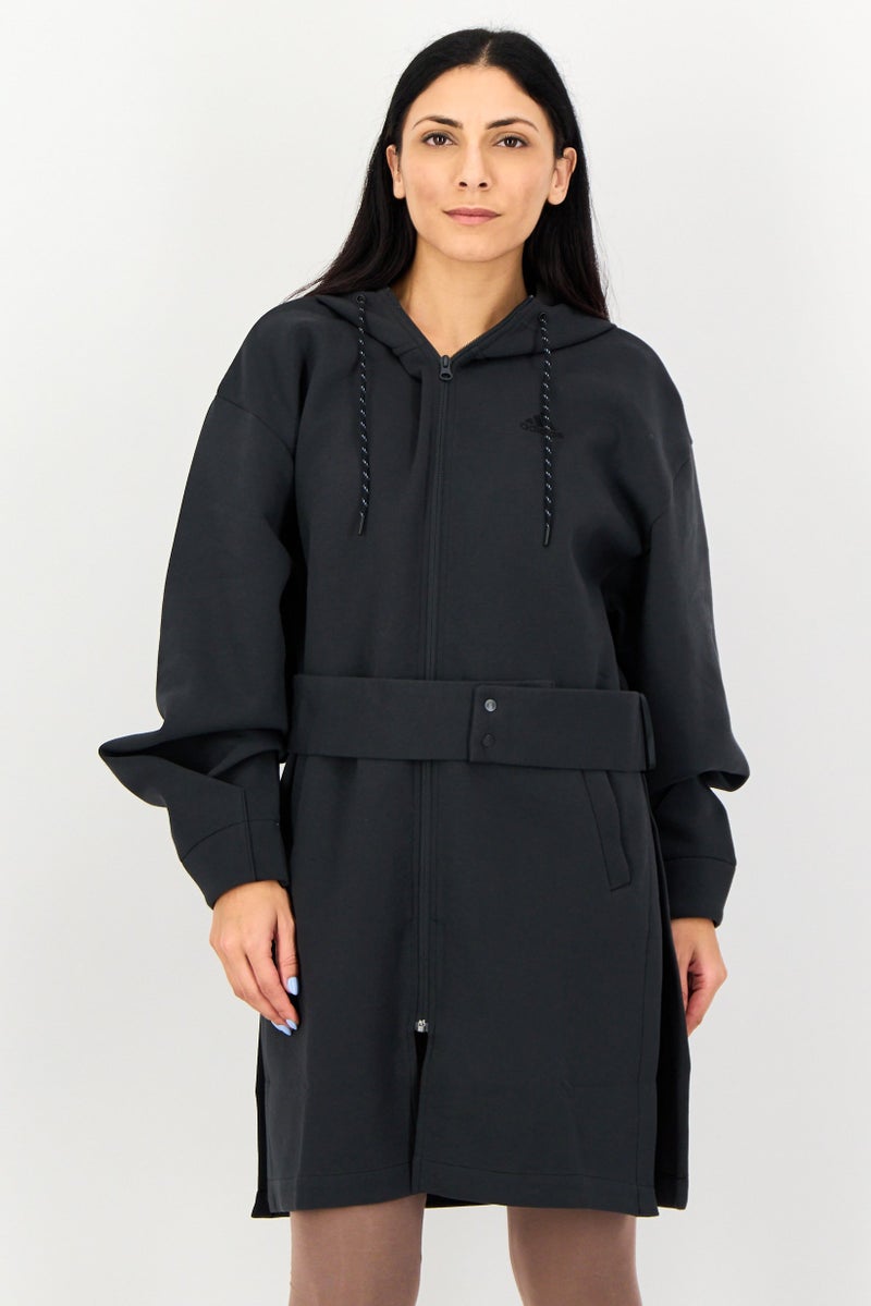 Adidas هودي خارجي كامل بسحاب بأكمام طويلة للنساء، رمادي غامق - Image 1