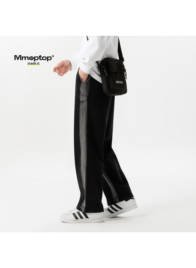 Mmoptop Trendy Jeans For Men, Spring And Autumn Style, Winter Washed Vintage Look, Side Brushed White, Loose-fitting Pants, K529 Black, Size L - Image 1