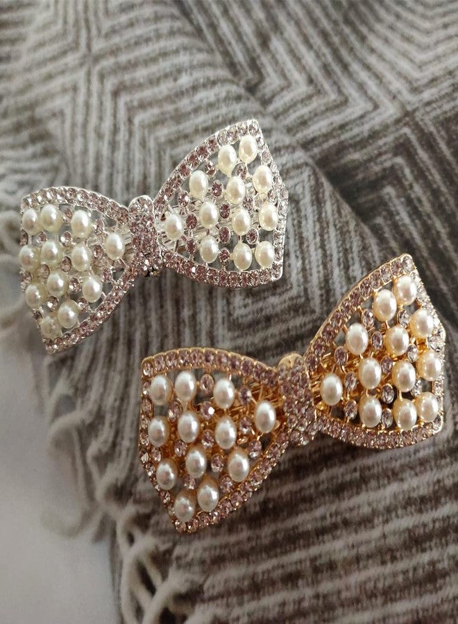 Jilukibo Rhinestone Pearl Bow Hairpin Barrettes, 2 Pack Crystal Shiny Crystal Bow Hair Pins Headdress Ponytail Clip for Women (Silver, Gold) - Image 5