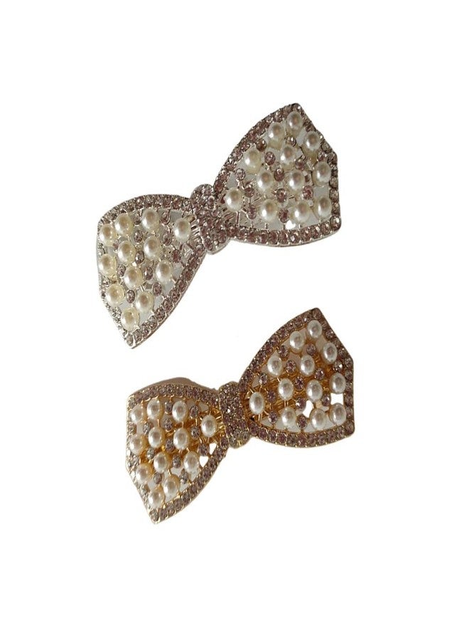 Jilukibo Rhinestone Pearl Bow Hairpin Barrettes, 2 Pack Crystal Shiny Crystal Bow Hair Pins Headdress Ponytail Clip for Women (Silver, Gold) - Image 1