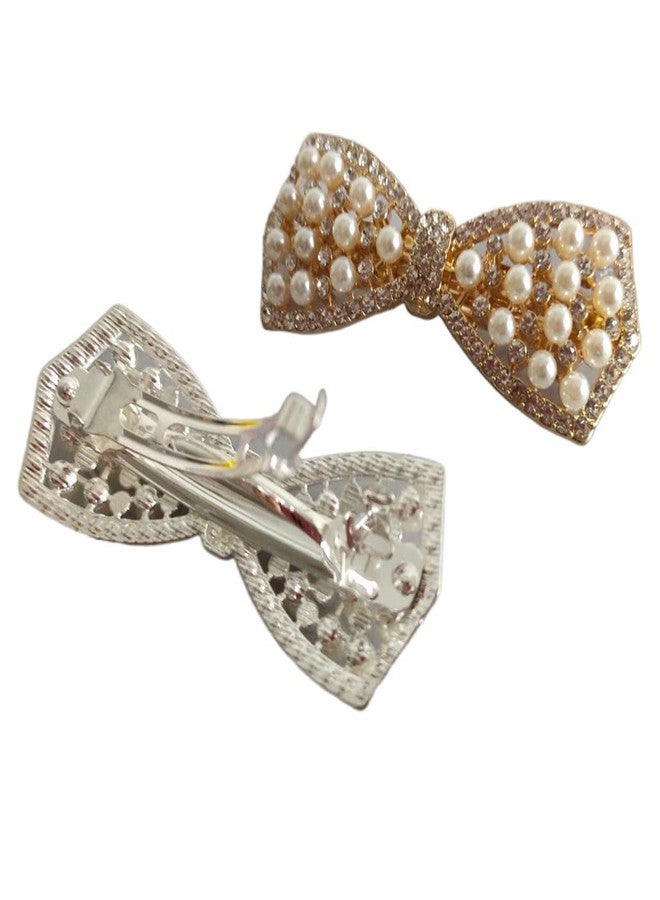 Jilukibo Rhinestone Pearl Bow Hairpin Barrettes, 2 Pack Crystal Shiny Crystal Bow Hair Pins Headdress Ponytail Clip for Women (Silver, Gold) - Image 3