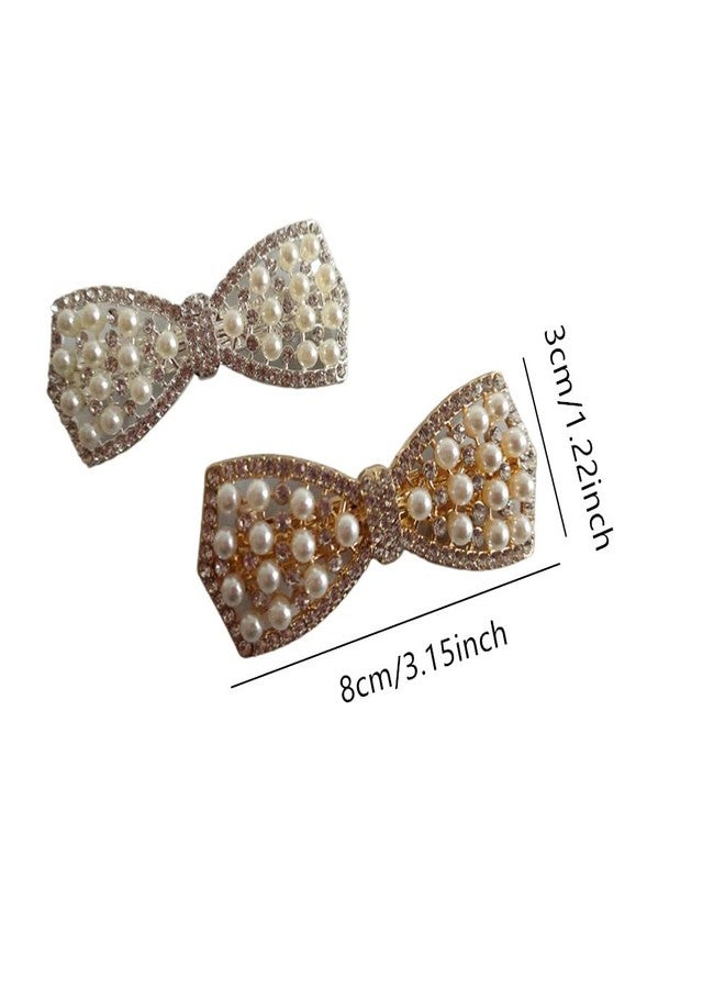 Jilukibo Rhinestone Pearl Bow Hairpin Barrettes, 2 Pack Crystal Shiny Crystal Bow Hair Pins Headdress Ponytail Clip for Women (Silver, Gold) - Image 2