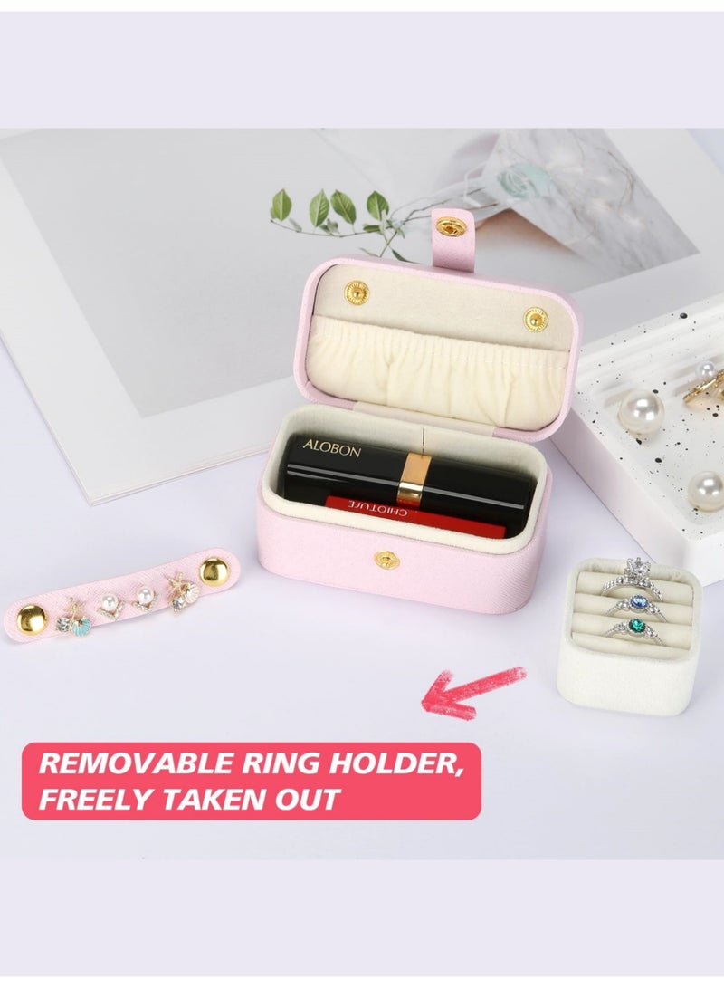 بي إس صندوق مجوهرات صغير للسفر | حامل مجوهرات صغير للخواتم والقلائد والأقراط وأحمر الشفاه | حقيبة تنظيم مجوهرات محمولة من جلد البولي يوريثان الصناعي الفاخر مع فتحة حلقة قابلة للإزالة (وردي) - Image 5
