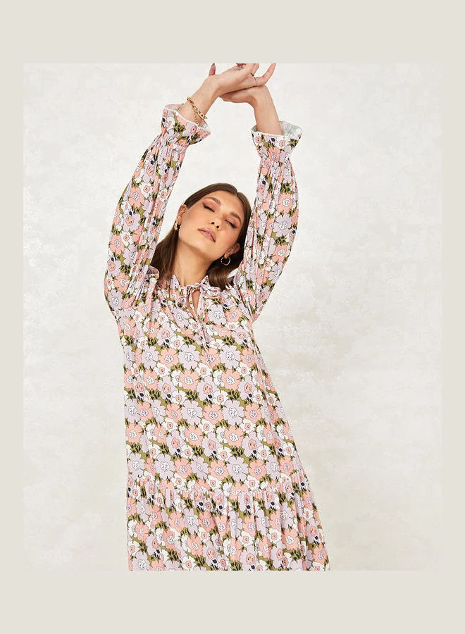 Styli Long Sleeves Floral Print Tiered Maxi Dress