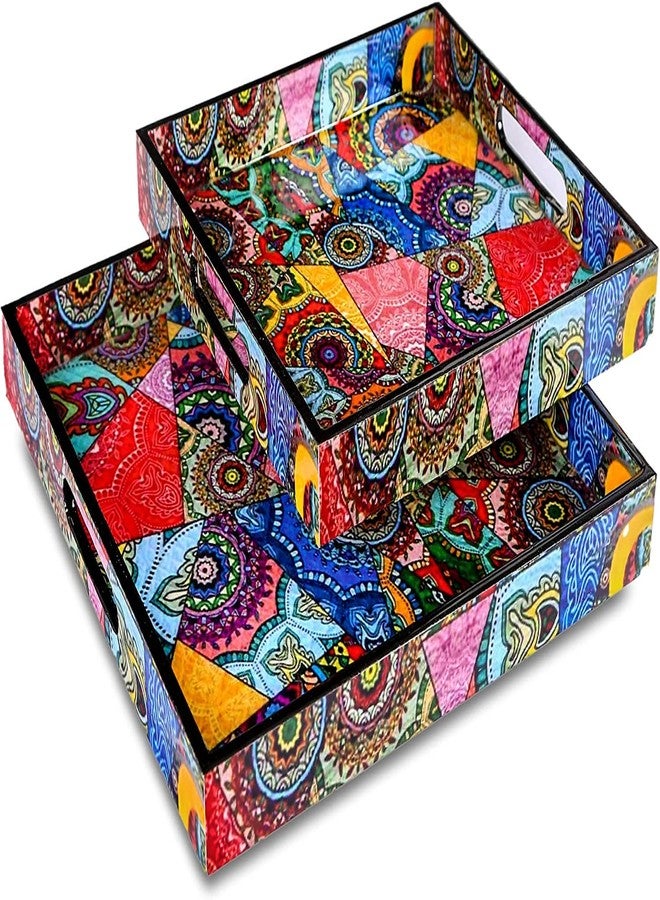 CRAFTARENA Rectangle Trays Set of 2 | Serving Trays | Gift Item | Multipurpose Wooden Tray | Kitchen, Dining, Decorative Product | MDF Tray, Handmade Handicraft Tray (Multicolored) - Image 4