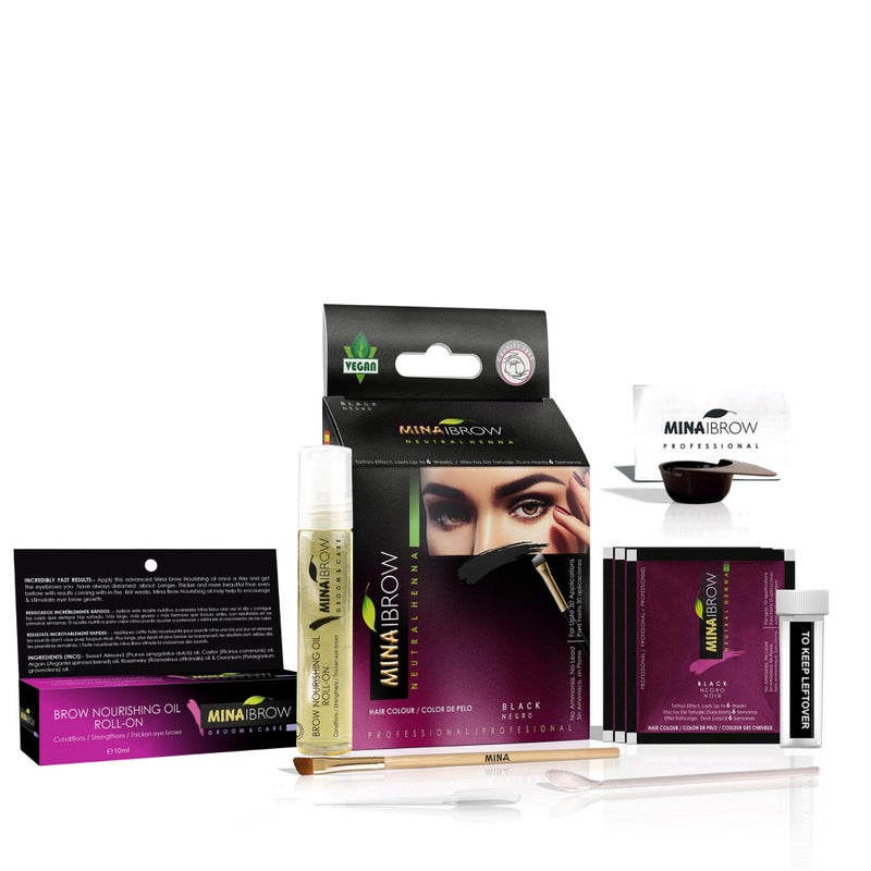 MinaiBrow طقم صبغة حناء الحواجب الاحترافي MINA مع زيت مغذي (أسود) - Image 1