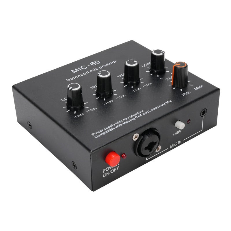 مضخم صوت ميكروفون مع كسب +60dB وطاقة فانتوم 48V - مضخم صوت للميكروفونات الديناميكية والمكثفة مع خرج XLR متوازن لتسجيل الاستوديو المنزلي - Image 2