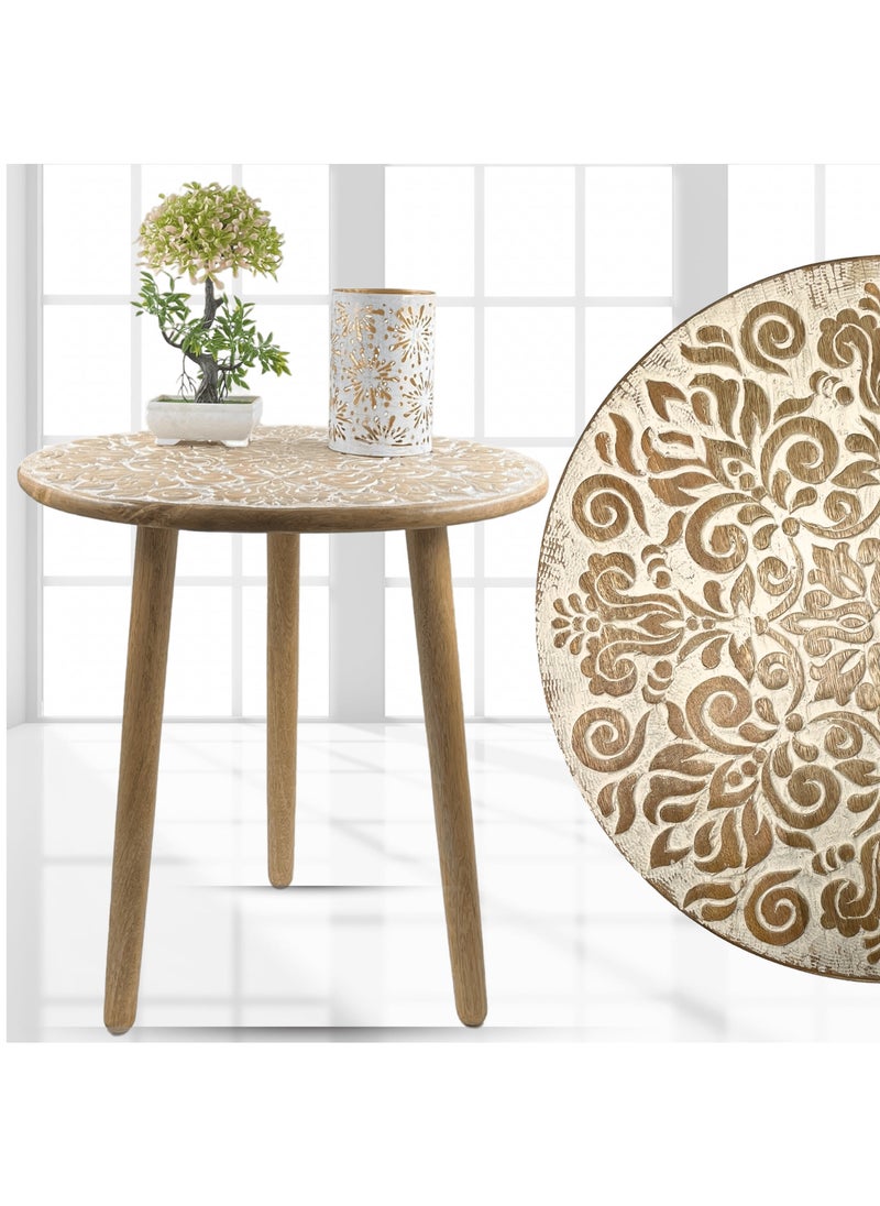 Souq DESIGNS Rustic Round Wooden Accent Table - Home decor Small Bamboo Side Table for Bedroom, Bedside, Living Room, and Coffee Table - Decorative and Functional Wooden Night Stand 50 cm Diax50 cm H  - Image 1