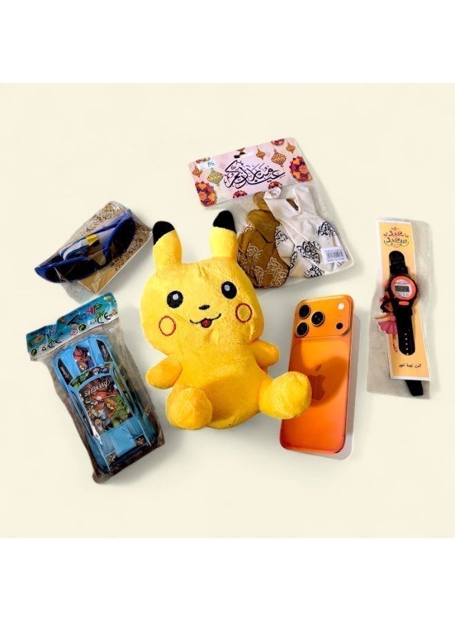 كريتر  صندوق هدايا عيد الفطر للأولاد بعبارة عيد سعيد - مجموعة كاملة للاحتفال بالعيد مكون من لعبة دمية بيكاتشو، إكسسوارات أطفال ممتعة (ساعة، نظارة، ألعاب تفاعلية)، بطاقة تهنئة بالعيد على شكل ايفون برو ماكس 17 ، مجموعة من البالونات برسومات العيد (عساكم من عواده)، سيارة اطفال. - Image 4