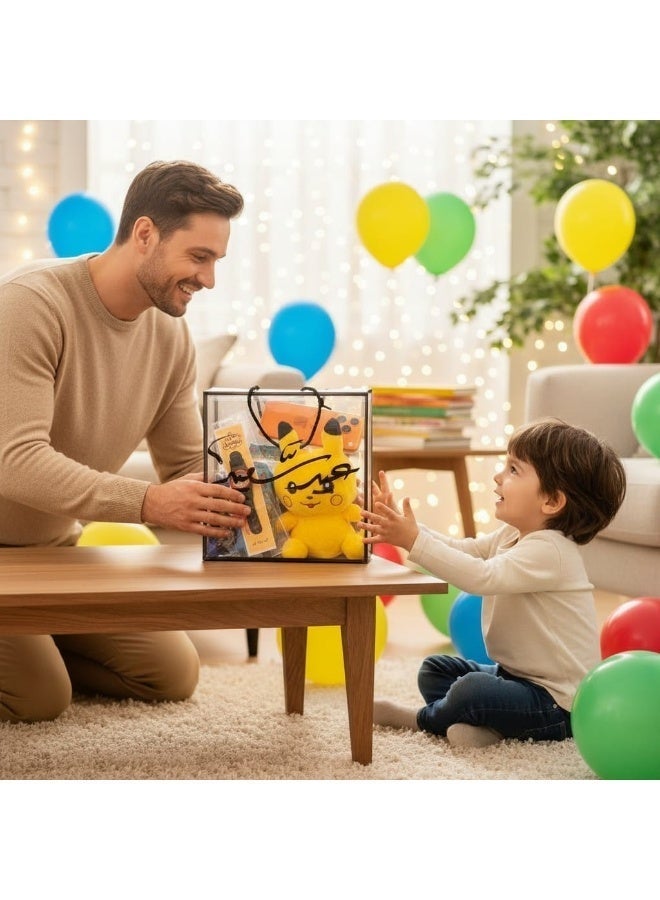 كريتر  صندوق هدايا عيد الفطر للأولاد بعبارة عيد سعيد - مجموعة كاملة للاحتفال بالعيد مكون من لعبة دمية بيكاتشو، إكسسوارات أطفال ممتعة (ساعة، نظارة، ألعاب تفاعلية)، بطاقة تهنئة بالعيد على شكل ايفون برو ماكس 17 ، مجموعة من البالونات برسومات العيد (عساكم من عواده)، سيارة اطفال. - Image 2